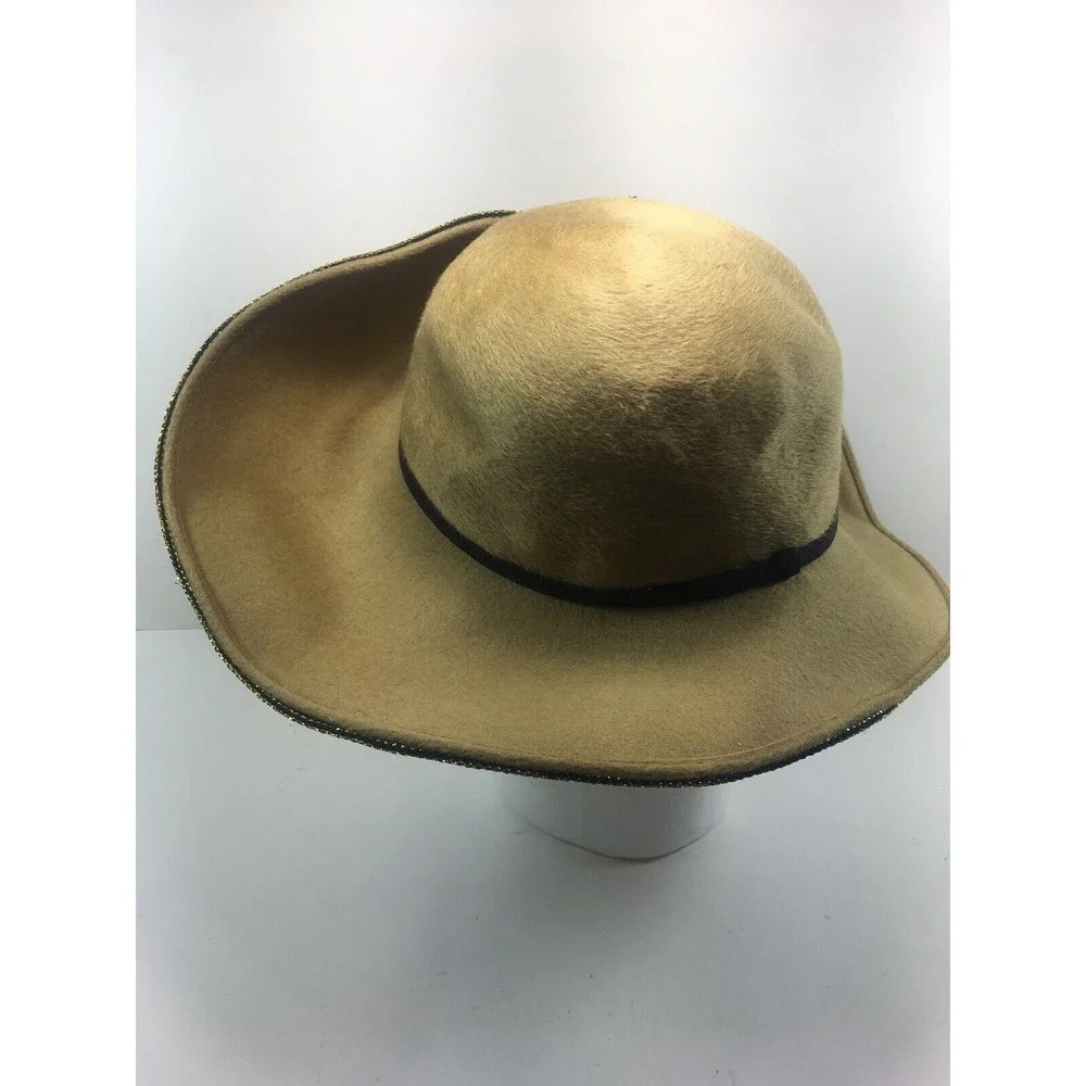 LESLIE JAMES Womens Hat 1950's‎ Vintage Soft Genuine Tan Gold Trim Rhinestones
